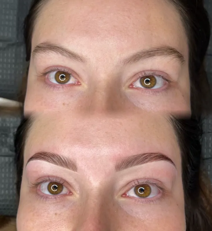 Lash lift and tint before and after showing lifted, darker lashes without extensions