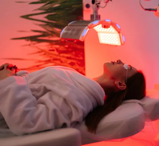 Client relaxing under medical-grade red light therapy panels